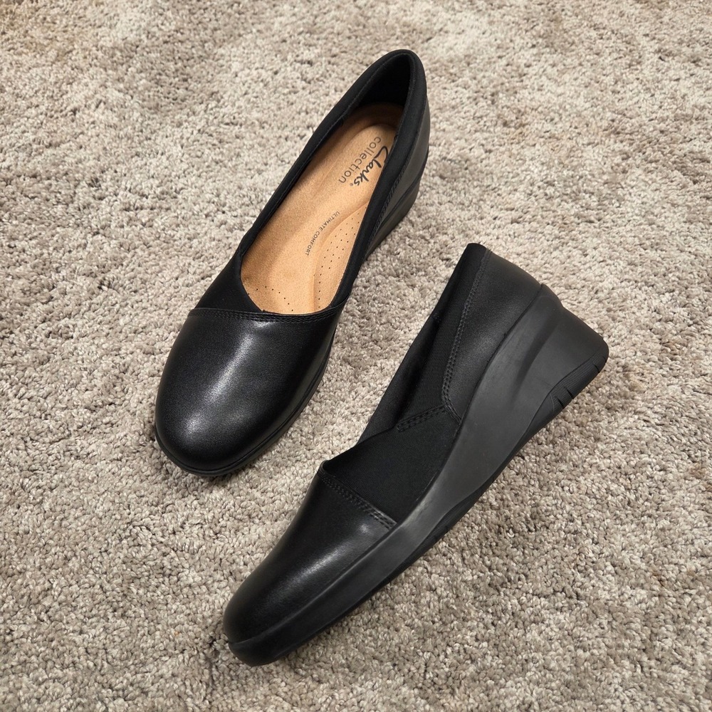 Clarks Suttyn Walk Leather Wedge Slip-On Shoes Women's 9.5M Black Comfort Work